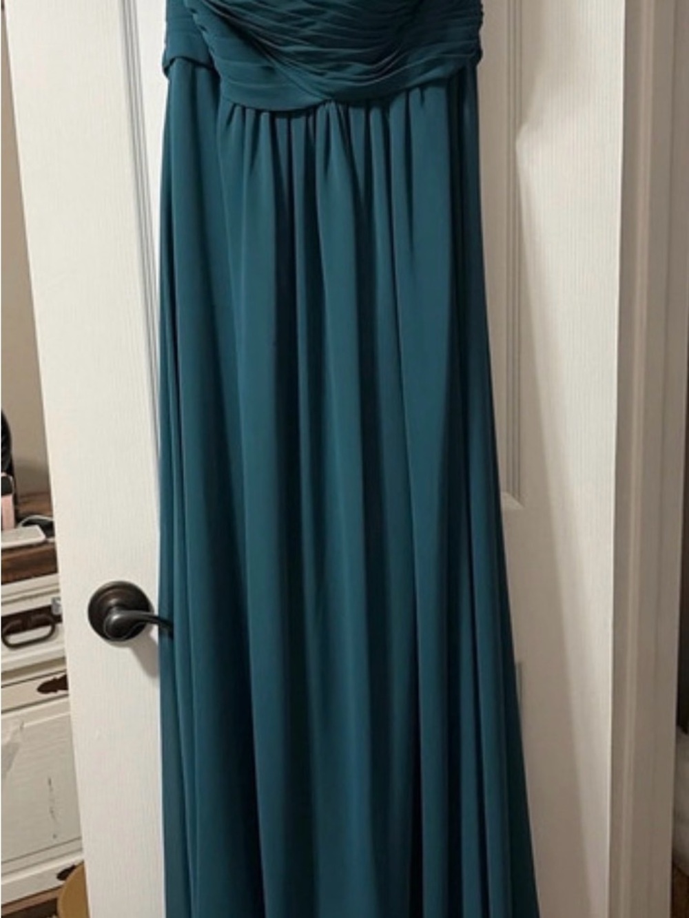 Azazie Teal Strapless Ruched Maxi Dress